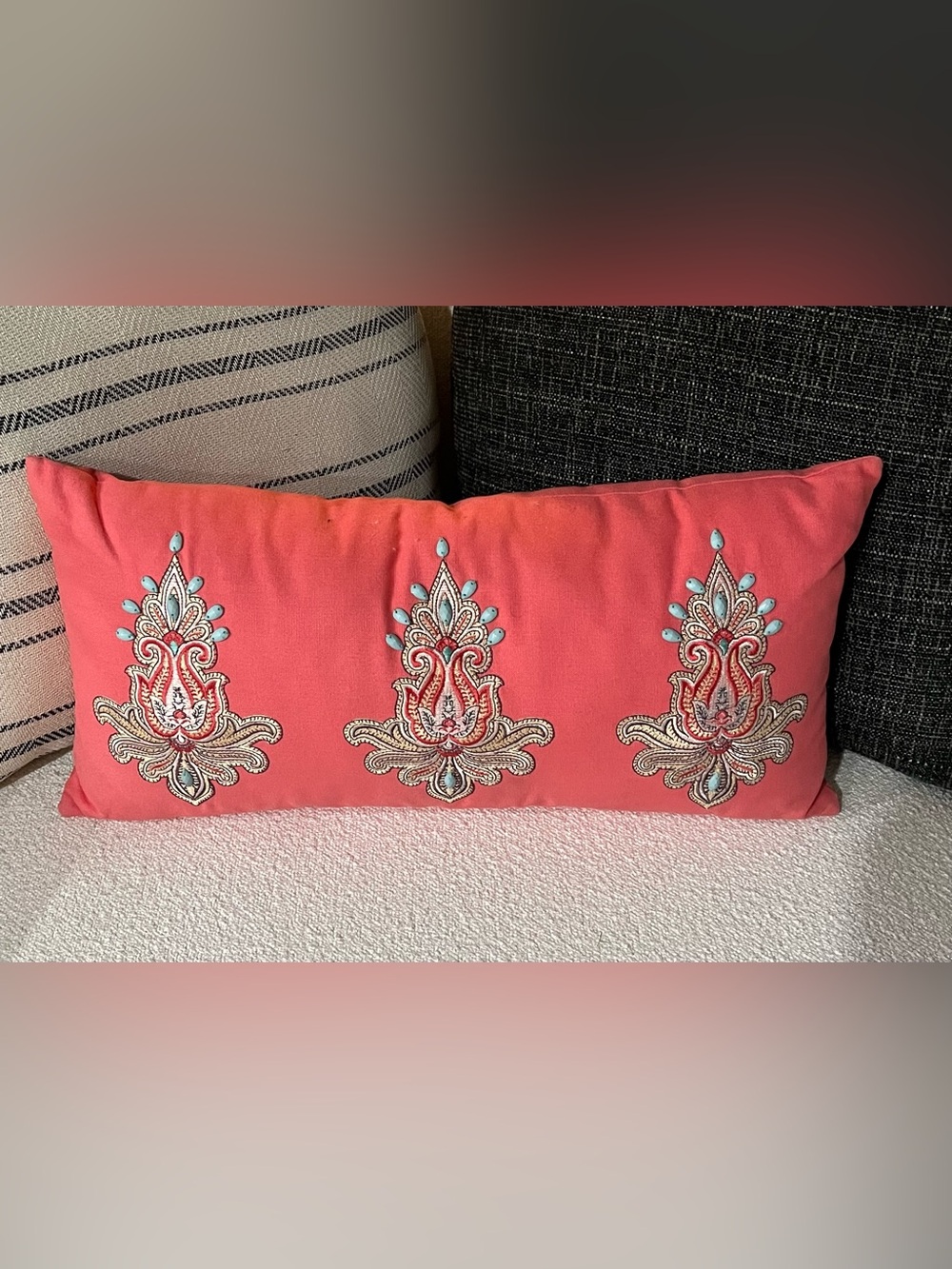 Echo Design Guinevere Embroidered Lumbar Pillow 20” X 9” Coral Beaded Paisley